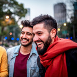 three friends young men laughing fun