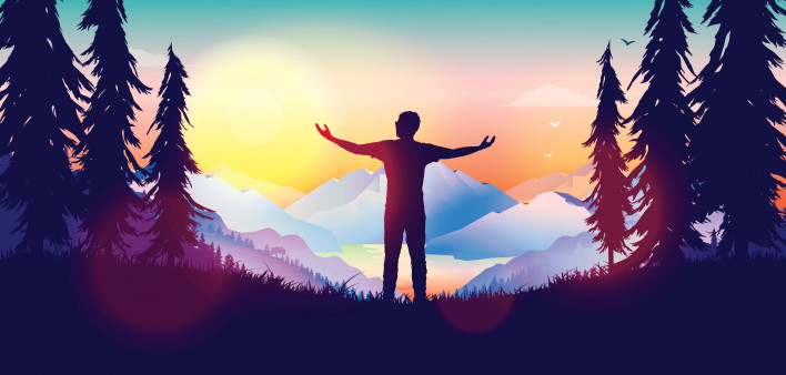 Silhouette of man outstretched arms sunrise mountains illustraion