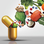 healthy food pouring into gold capsule illustration fruite vegetables salmon nuts coconut kale